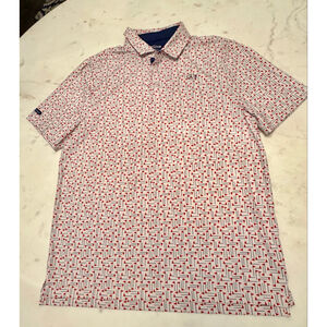 Like New Men's Good Good Golf 
Polo White Red Golf Flag Print Size Medium